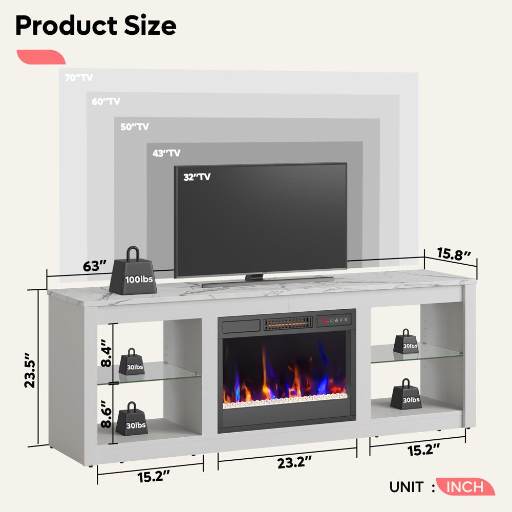 Bestier Modern Electric 7 Color LED Fireplace TV Stand for Tvs up to 70", White Marble