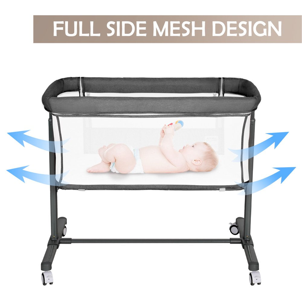 Kinder King Baby Bassinet with Wheels Folding Portable Newborn Bedside Sleeper All-Sided Mesh Infant Crib, Grey