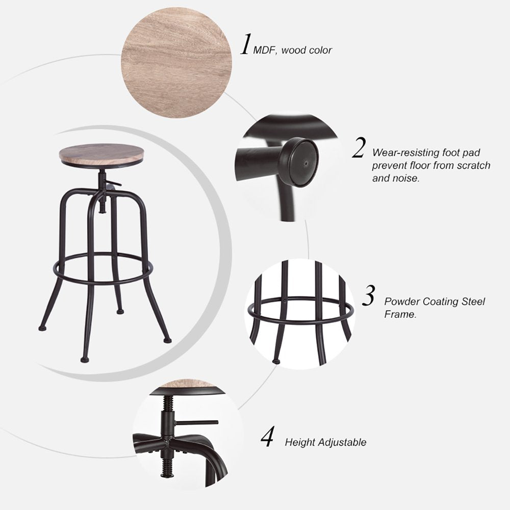 Homy Casa Adjustable Height Swivel Wood Style round Bar Stool, Set of 2, Oak