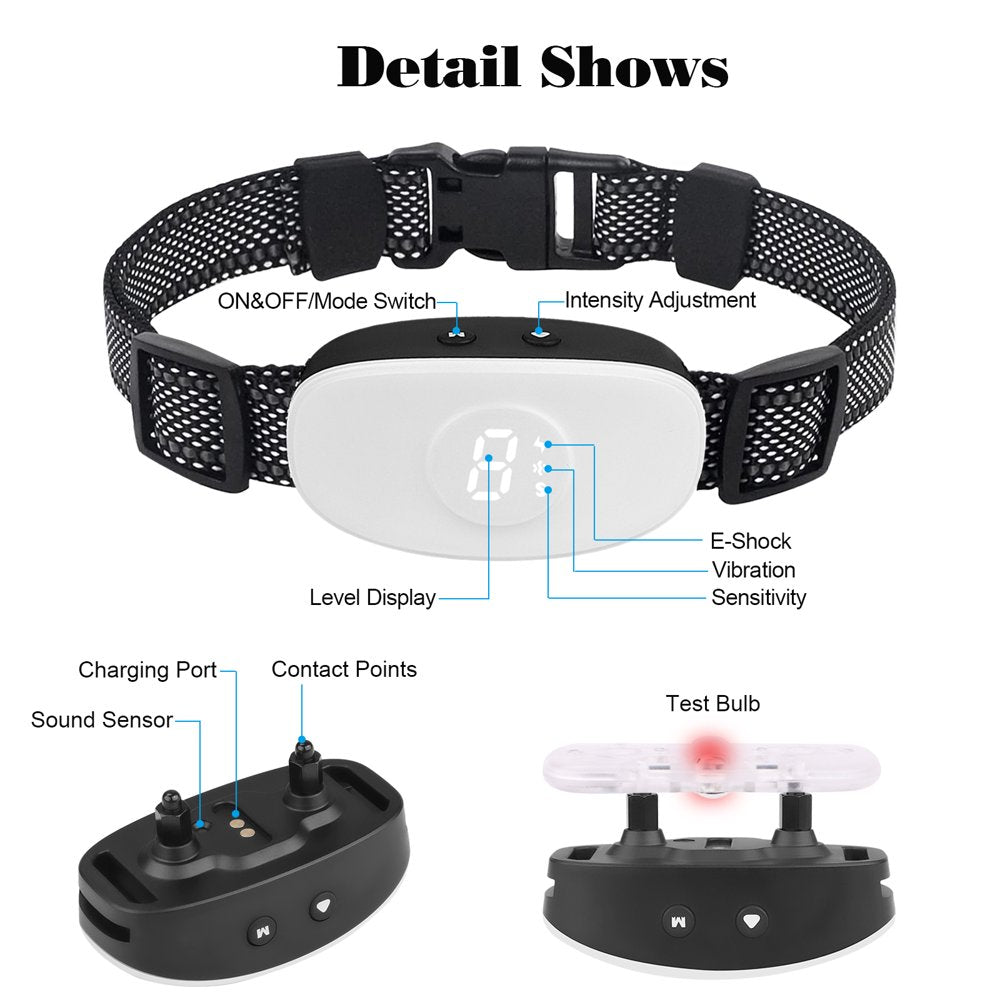 BEBANG Bark Collar for Dogs, 3 Modes Beep Vibrate Shock, Dog Shock Collar for Small Medium Large Dogs, Bark Collar for Dogs in Humane Effective Training Methods (White)