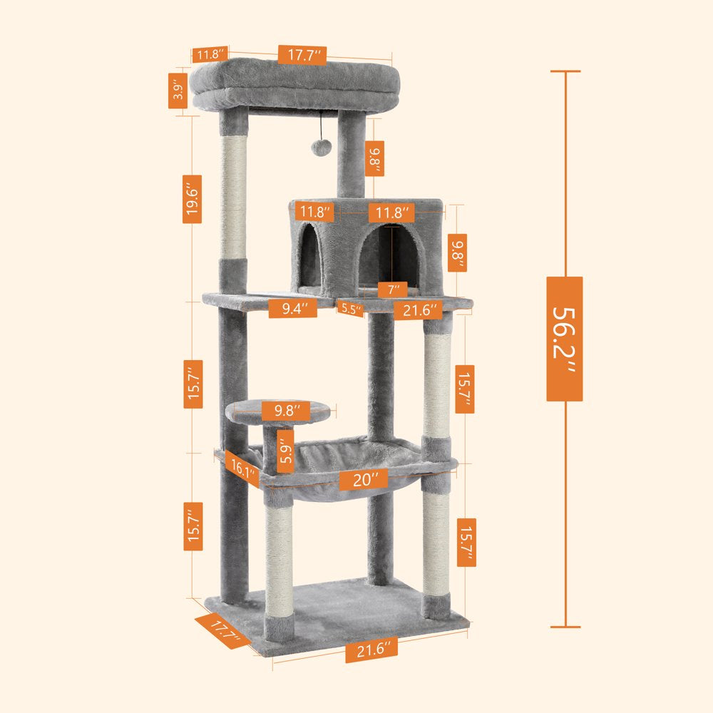 Pawz Road Cat Tree for Large Cats 56"Tall Cat Tower Condo with Scratching Post for Indoor Cats,Gray