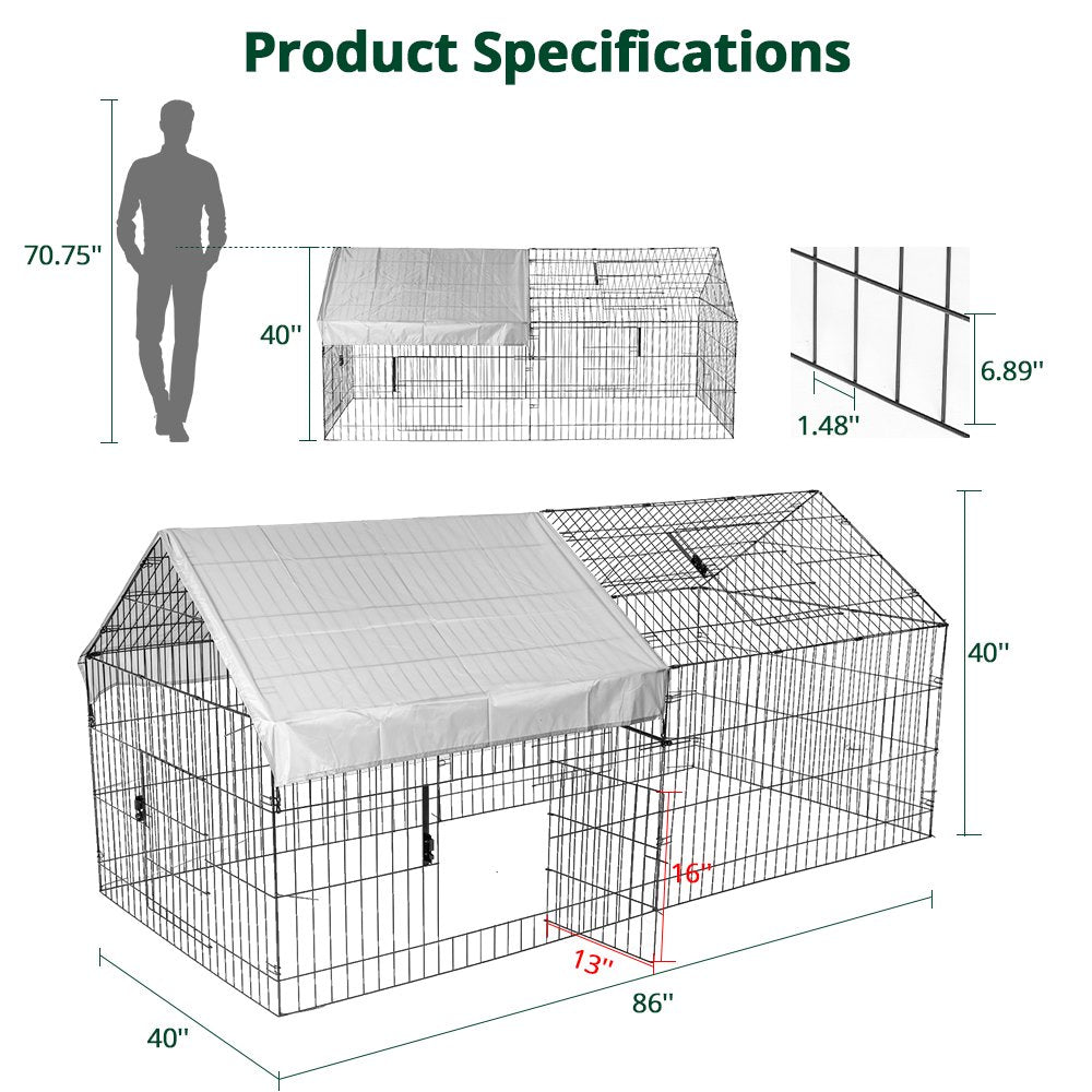 Pawgiant 86''X40''Chicken Coop Large Metal Chicken Cage House Waterproof