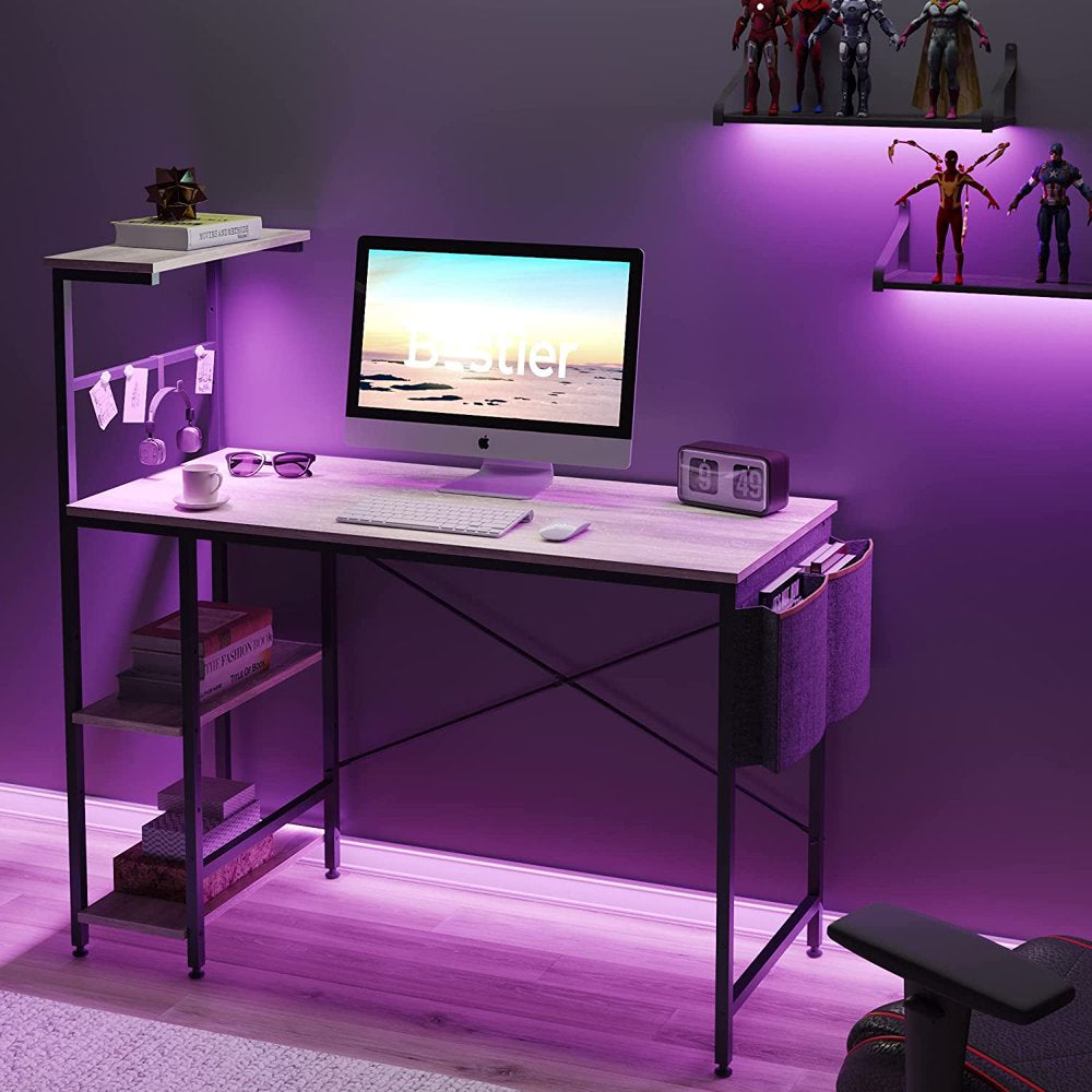 Bestier Reversible 44 Inch Computer Desk with LED Lights Gaming Desk with 4 Tier Shelves Grey