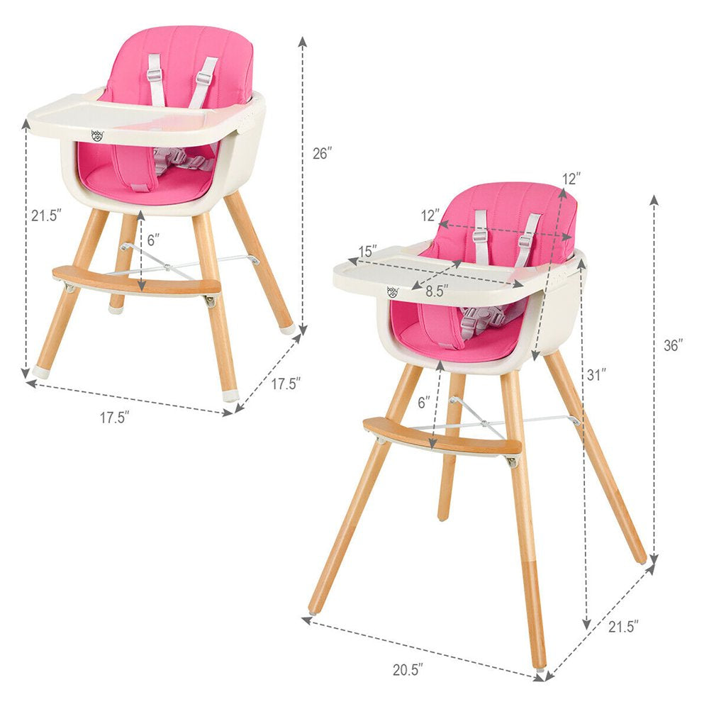 Babyjoy 3 in 1 Convertible Wooden High Chair Baby Toddler Highchair with Cushion Pink