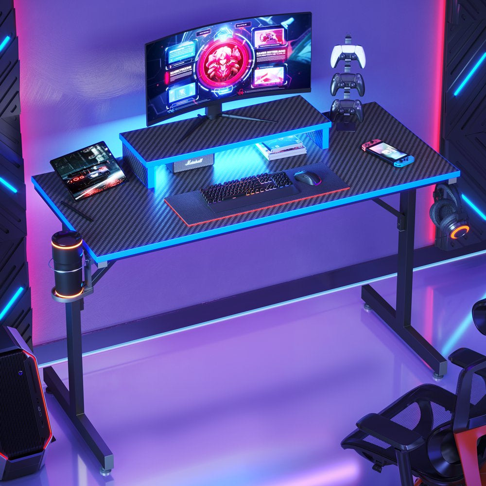 Bestier 42" Gaming Desk PC Computer Table with LED Lights & Monitor Stand & Hook & Cup Holder in Blue