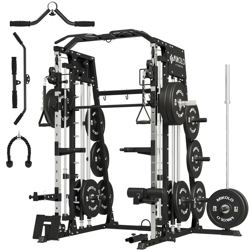 Mikolo Smith Machine Home Gym, 2200 Lbs Power Rack Cage with Cable Crossover, Weight Bar, 360° Landmine, Barbell Holders and Other Attachments, Total Body Strength Training Cage