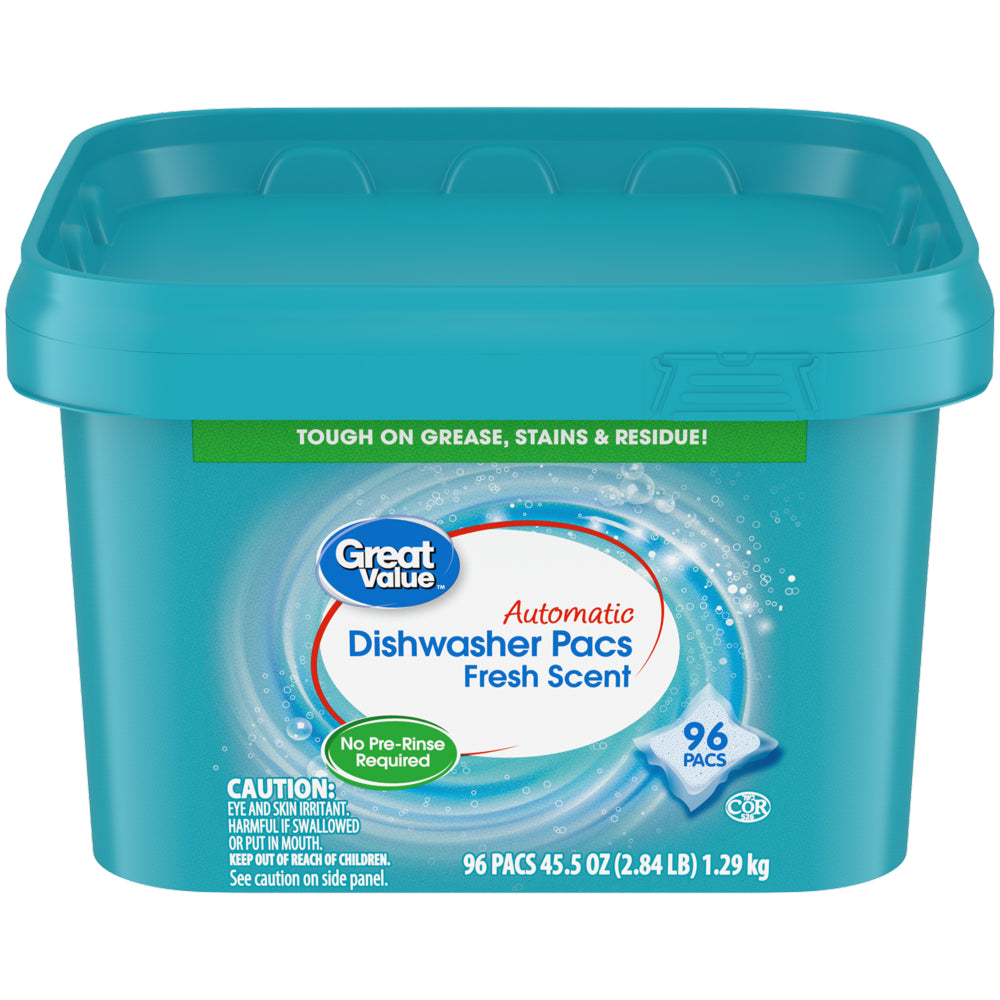 Great Value Pacs Dishwasher Detergent Pods, Clean and Fresh Scent, 45.5 Ounce, 96 Count