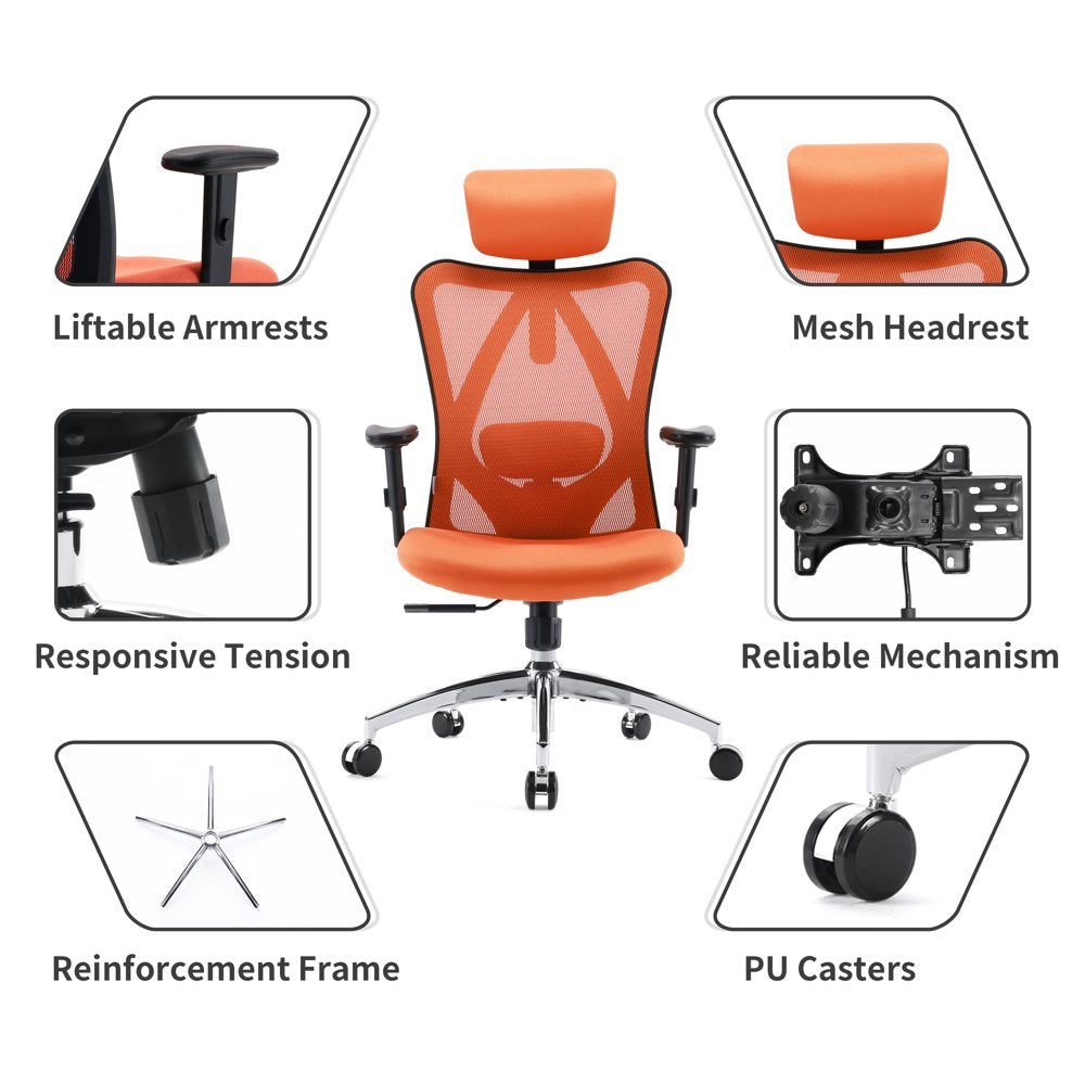 SIHOO Ergonomic High Back Office Chair, Adjustable Computer Desk Chair with Lumbar Support, 300Lb, Orange