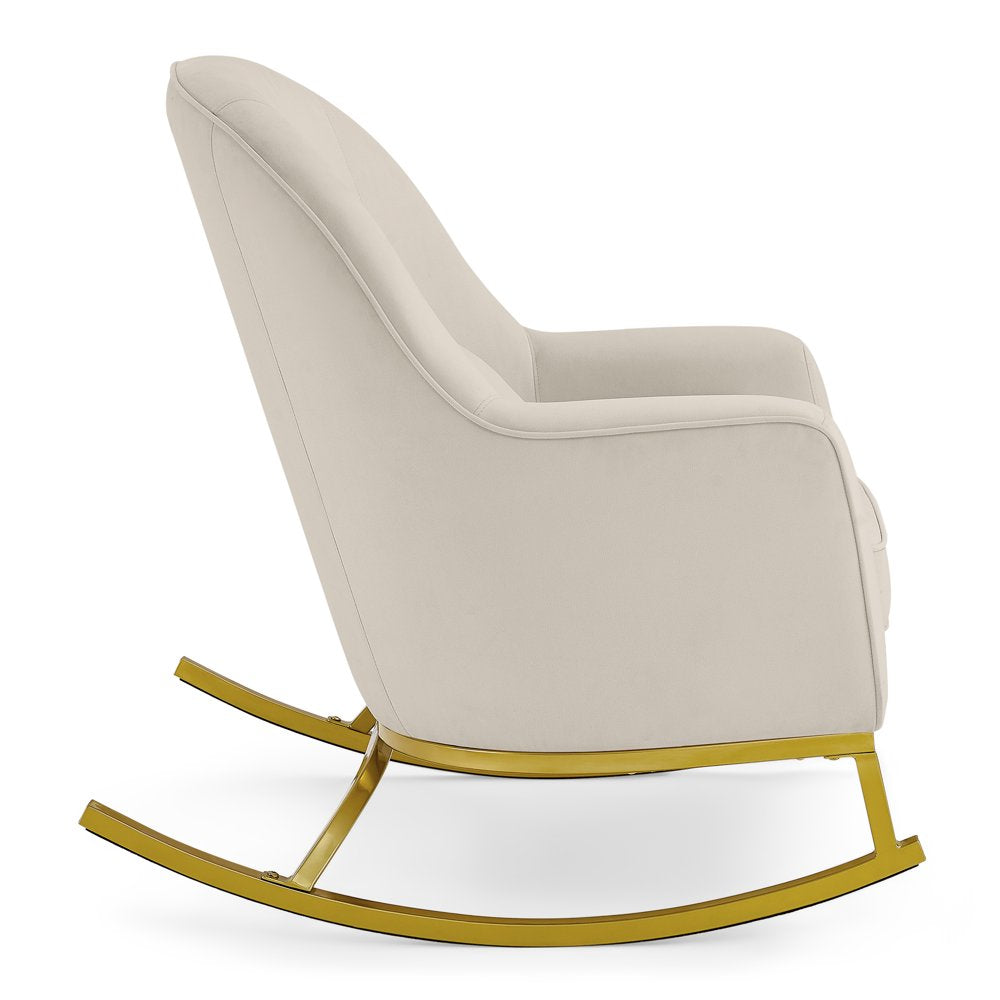 Modrn Glam Velvet Rocking Chair with Lumbar Pillow, Off-White/Satin Brass