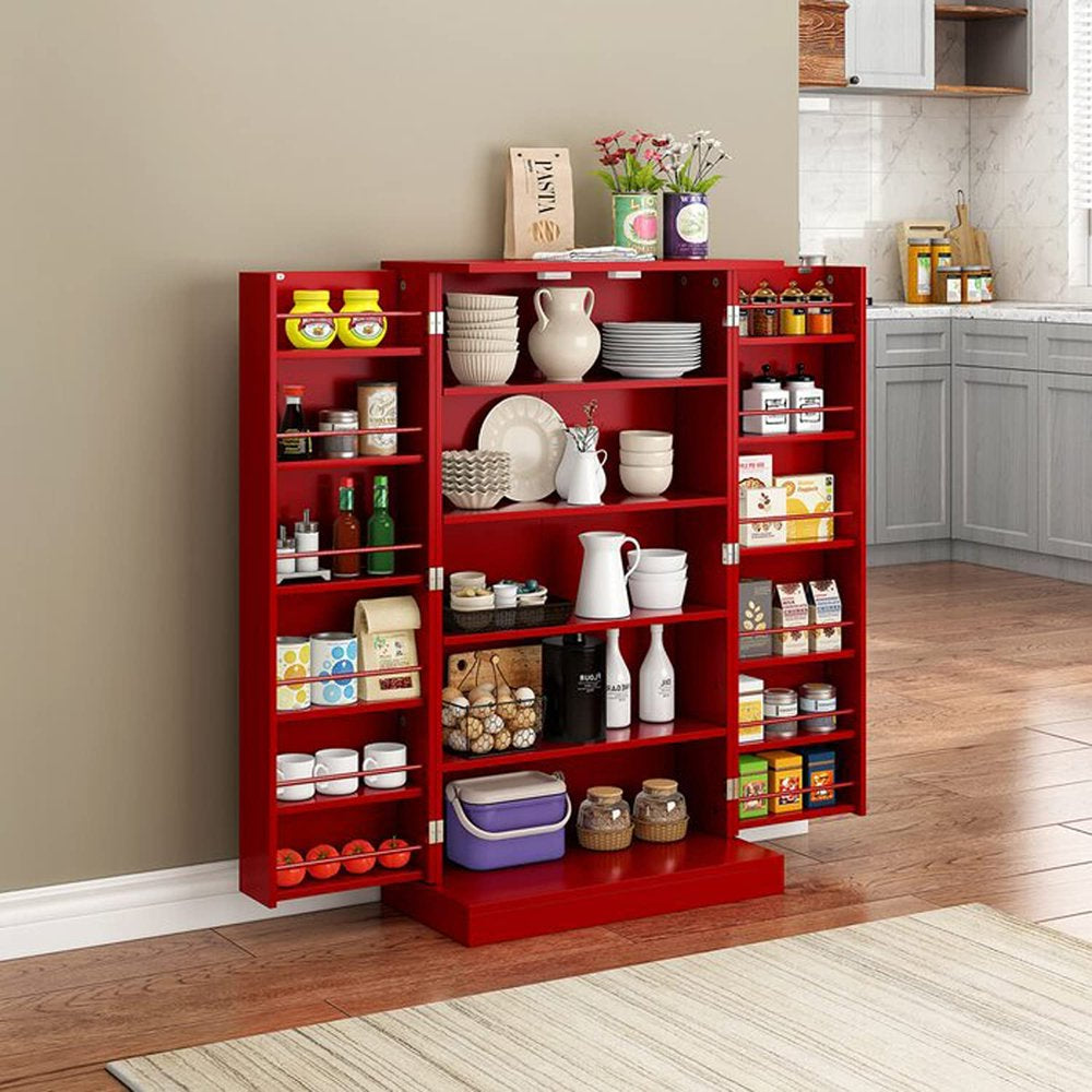 HOMEFORT 41" Kitchen Pantry, Farmhouse Pantry Cabinet, Storage Cabinet with Doors and Adjustable Shelves (Red)