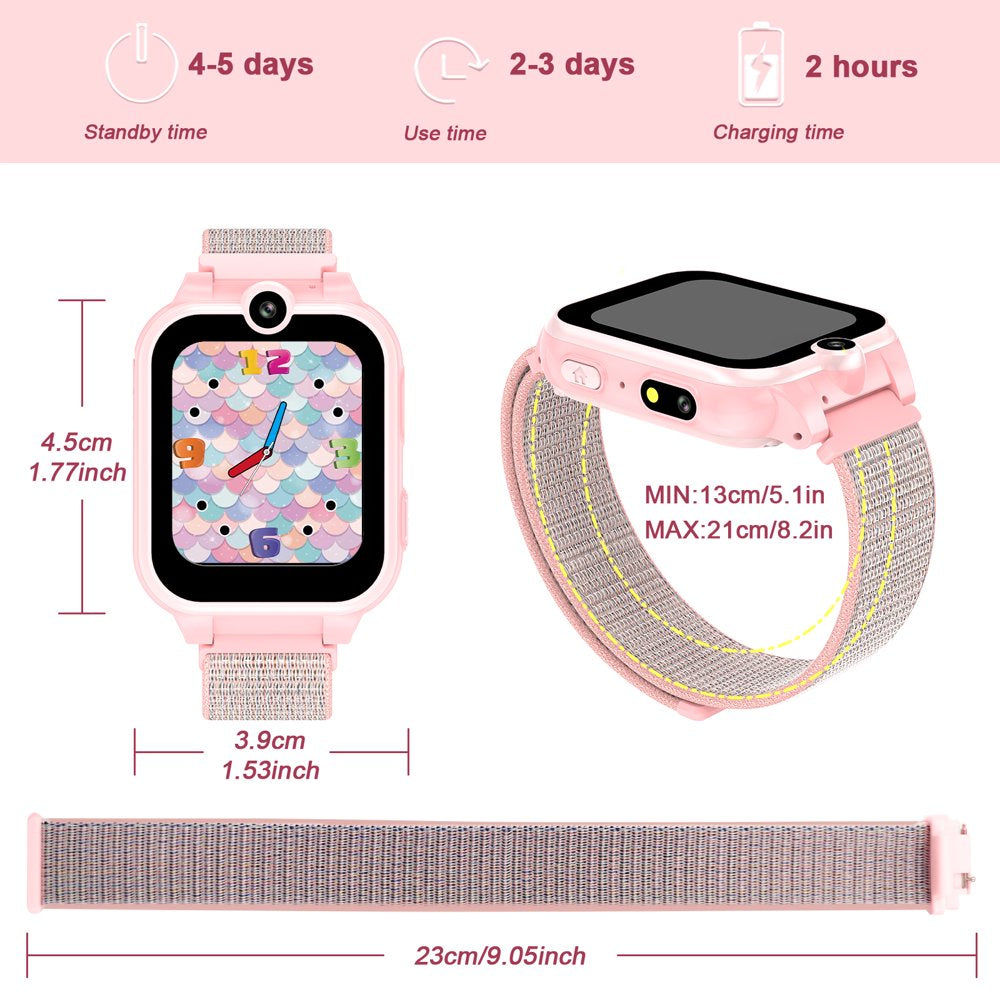 PTHTECHUS 1.54" Smart Watch for Boys Girls Smartwatch for Kids with Dual Camera Games Video MP3 Children Touch Screen Pink