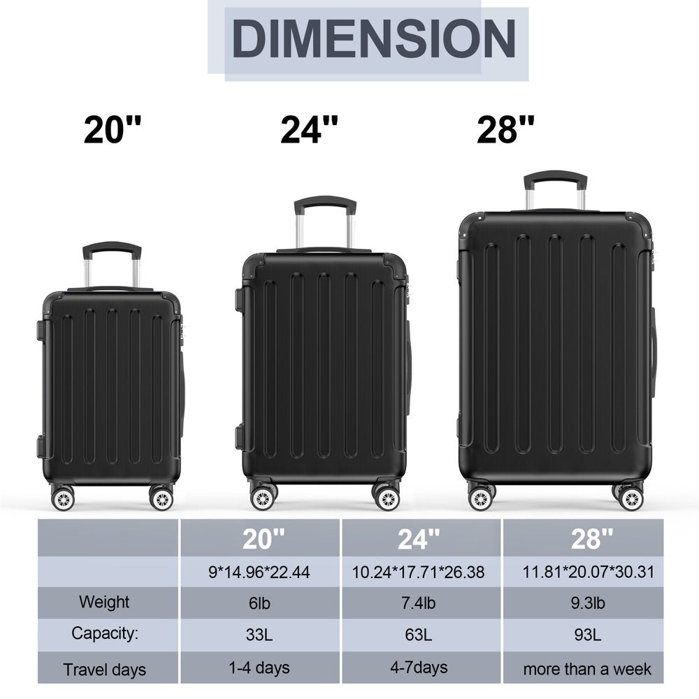 Sunbee 3 Piece Luggage Sets Hardshell Lightweight Suitcase with TSA Lock Spinner Wheels, Black