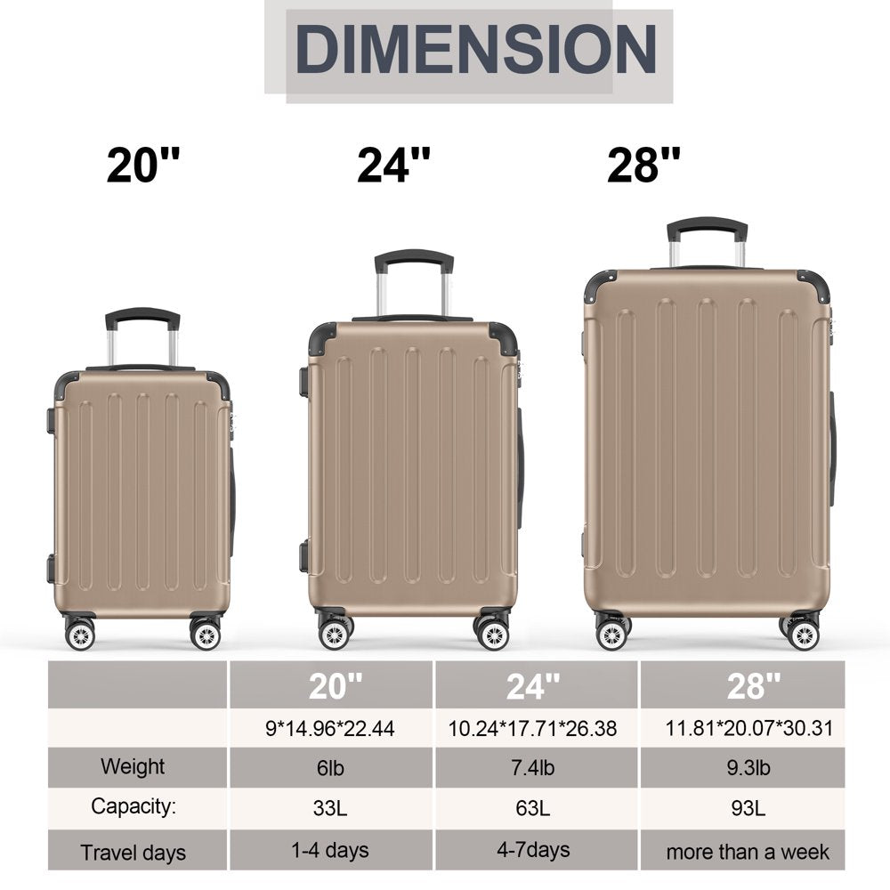 Sunbee 3 Piece Luggage Sets Hardshell Lightweight Suitcase with TSA Lock Spinner Wheels, Champagne