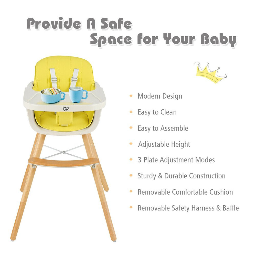 Babyjoy 3 in 1 Convertible Wooden High Chair Baby Toddler W/ Cushion Yellow