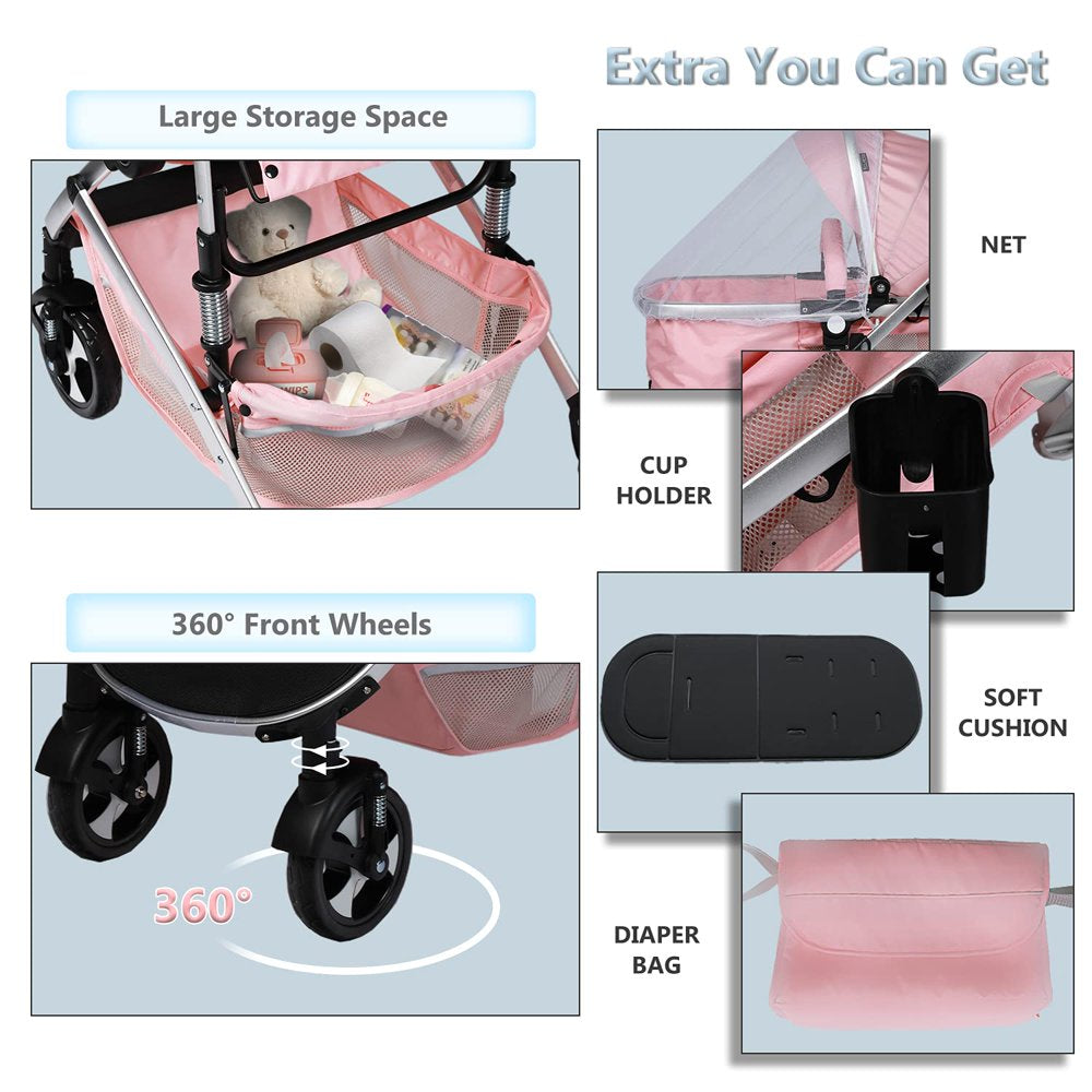 Kinder King 2 in 1 Convertible Baby Stroller, Folding Infant Newborn Reversible Bassinet Pram Stroller, Pink