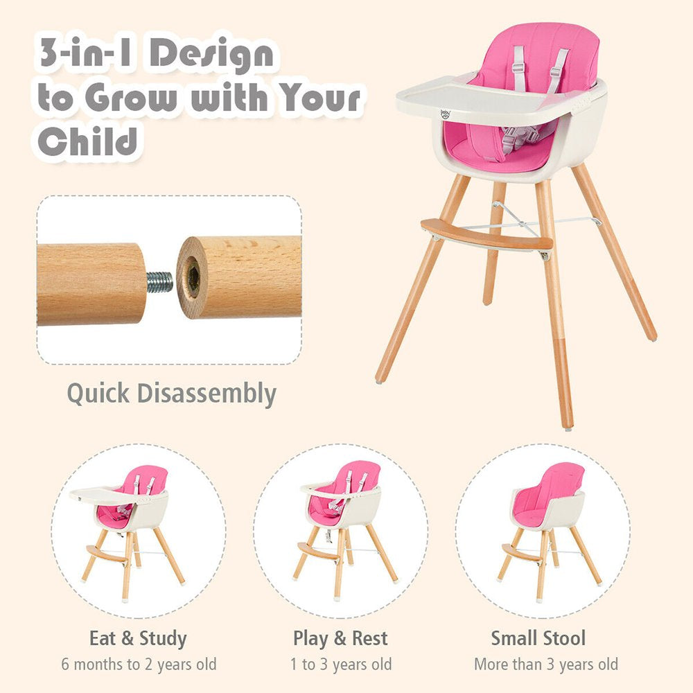 Babyjoy 3 in 1 Convertible Wooden High Chair Baby Toddler Highchair with Cushion Pink