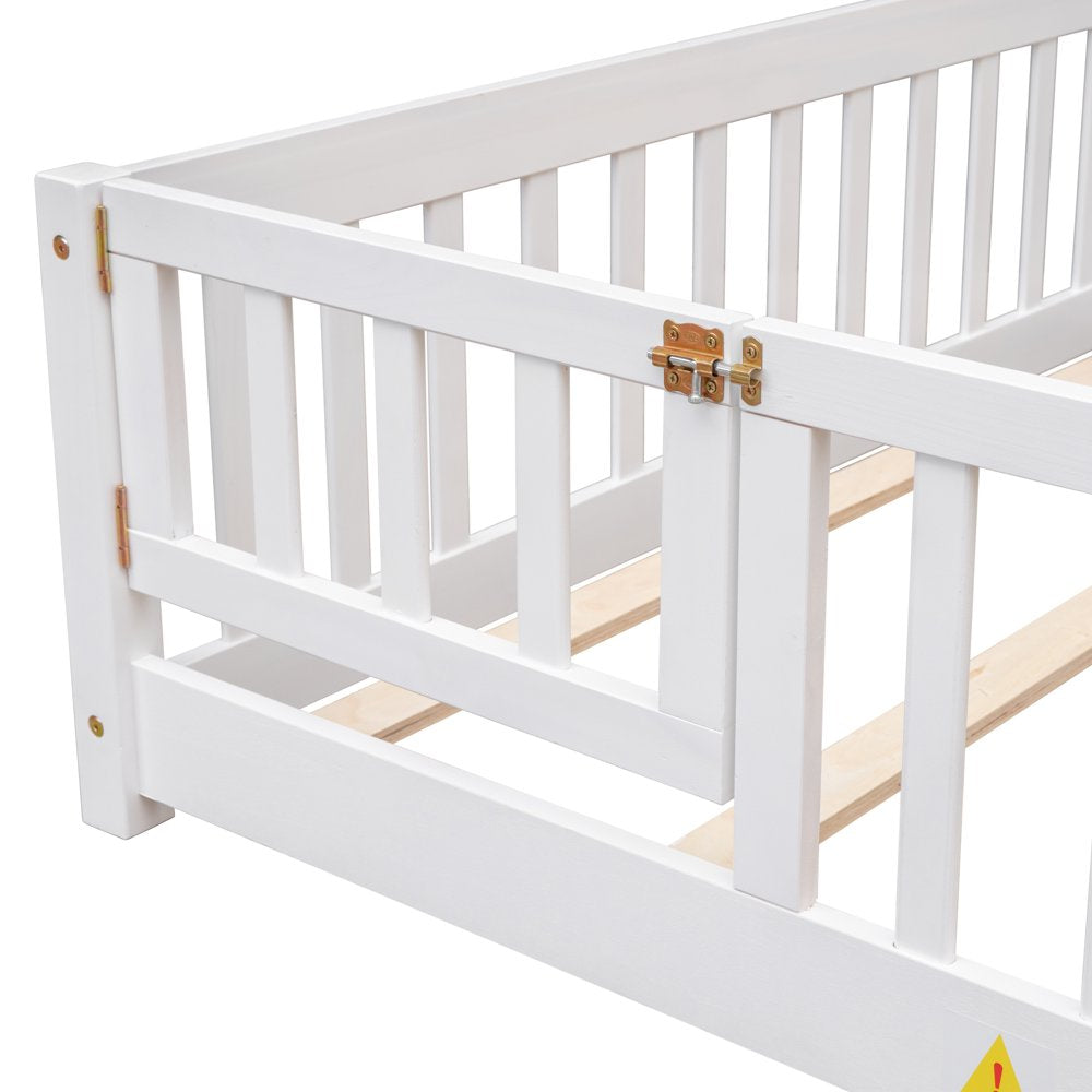 Uhomepro Full Size Wood Floor Bed Frame with Fence and Door for Kids, Toddlers, White