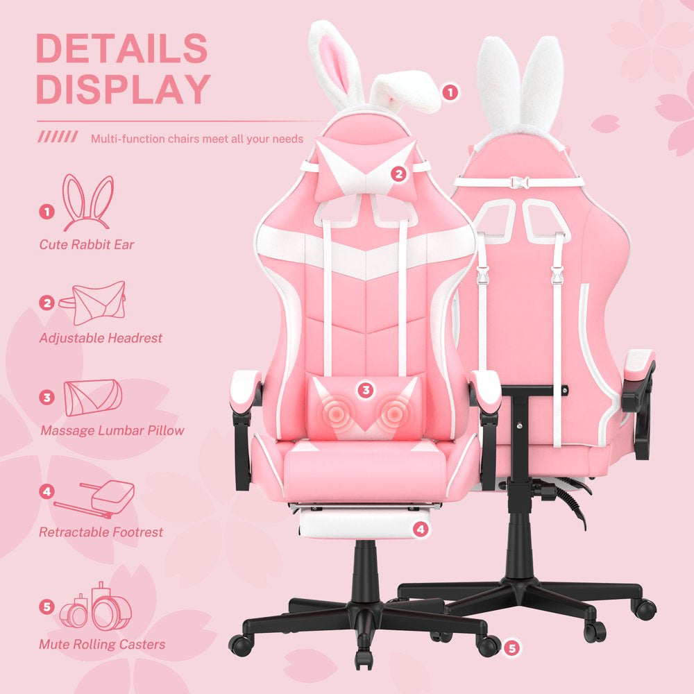 Soontrans Pink Gaming Chair Office Chair with Footrest, High Back Computer Chair with Headrest & Massage Lumbar Support, Ergonomic PU Leather Game Gamer Chairs with Cute Bunny Ears, Pink and White