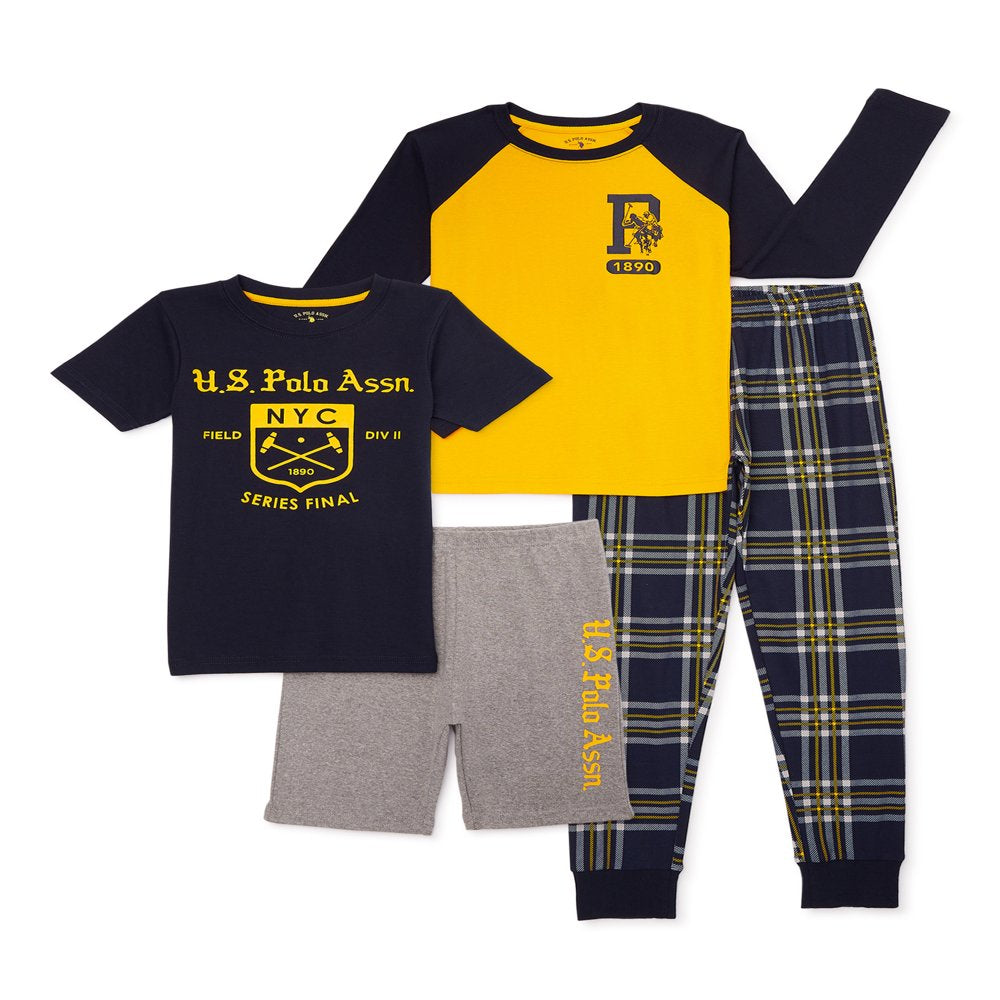 U.S. Polo Assn. Boys Mixed Short and Long Sleeve Pajama Set, 4-Piece Set, Sizes 7-16