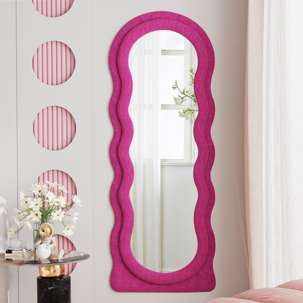 VLUSH Wavy Full Length Mirror, Freestanding Floor Mirror with Stand, 63"X24" Wall Mounted Mirror for Bedroom (Pink)