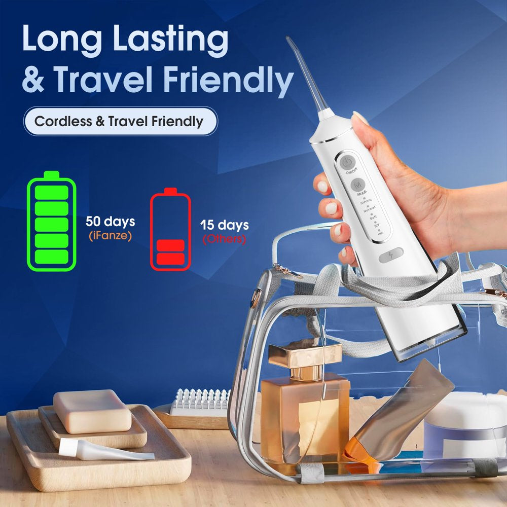 Ifanze Cordless Water Flosser, Rechargeable Oral Irrigator with 4 Cleaning Modes & 4 Nozzles, Portable Dental Oral Flosser for Travel Home Office, White