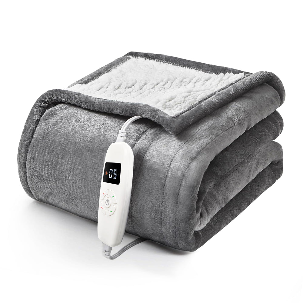 Riousery 50" X 60" Electric Heated Blanket with 10 Heating Levels & 1-8H Auto-Off, Machine Washable Flannel & Sherpa, Gray & White