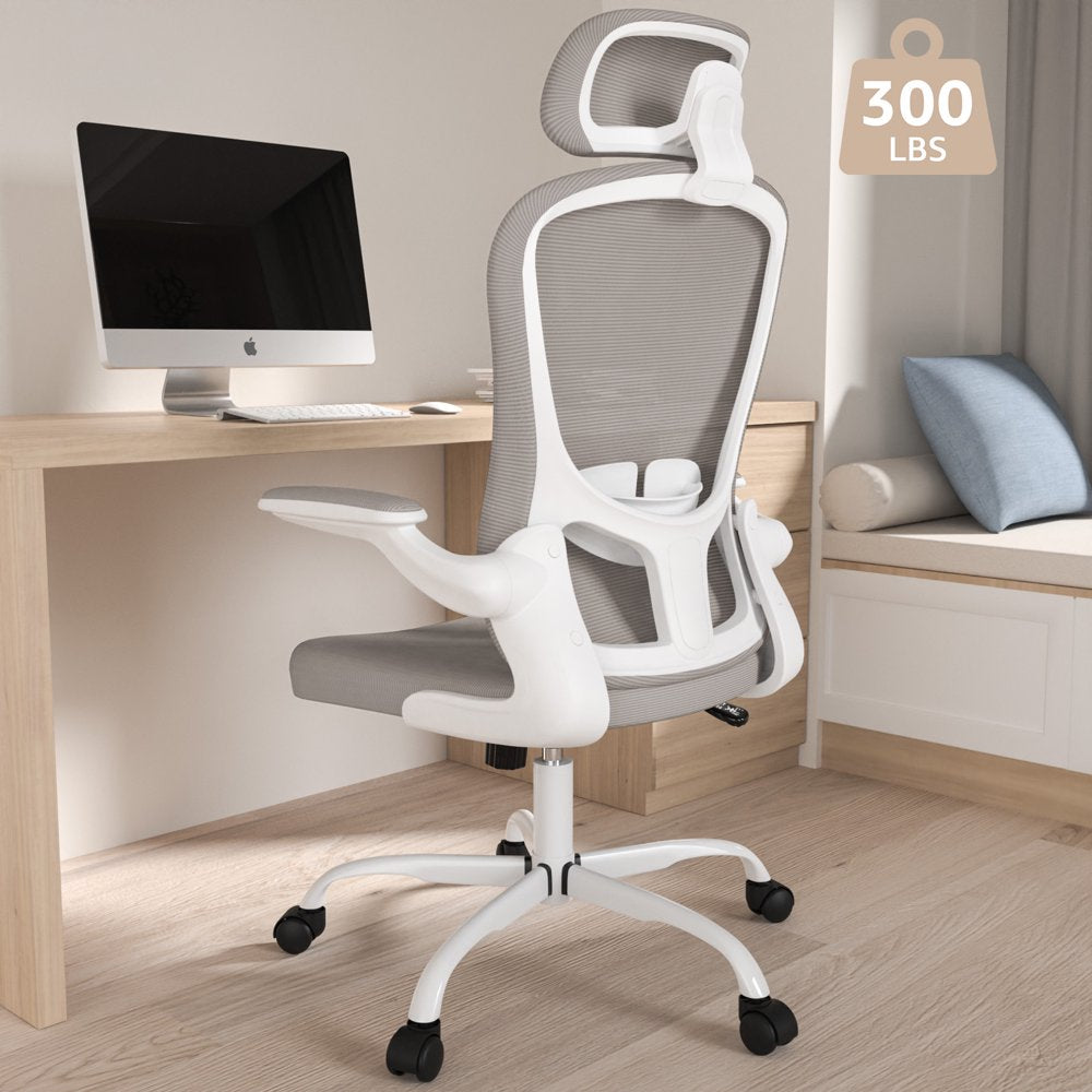 Lioncin Office Chair, High Back Ergonomic Desk Chair, Breathable Mesh Desk Chair with Adjustable Lumbar Support and Headrest, Swivel Task Chair with Flip-Up Armrests,Light Gray