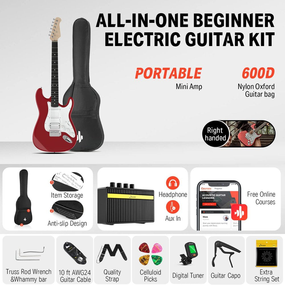 Donner 39" Electric Guitar Beginner Kit Solid Body Full Size Red HSS Pick up for Starter, with Amplifier, Bag, Digital Tuner, Capo, Strap, String,Cable, Picks DST-102R