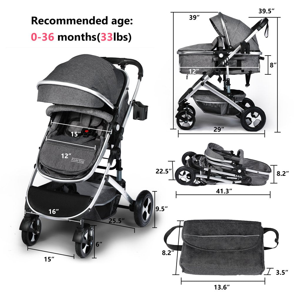 Kinder King 2 in 1 Convertible Baby Stroller, Folding Infant Newborn Reversible Bassinet Pram, Dark Grey