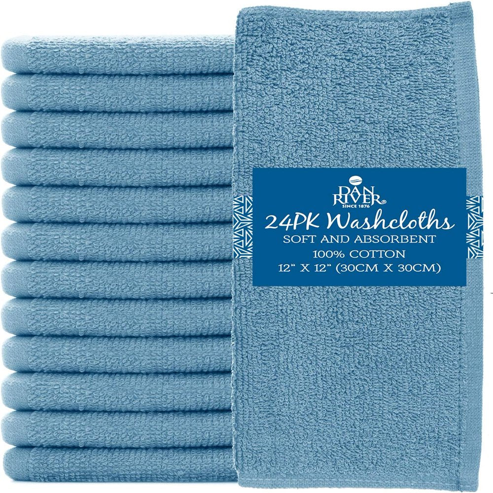 DAN RIVER 100% Cotton Washcloths 24 Pack |Washcloths for Face Soft| Cotton Washcloths Bulk| Essential Wash Cloths for Bathroom| Face Towels Blue| Washcloths 12X12 In| 400 GSM |Face Towel Pack of 24