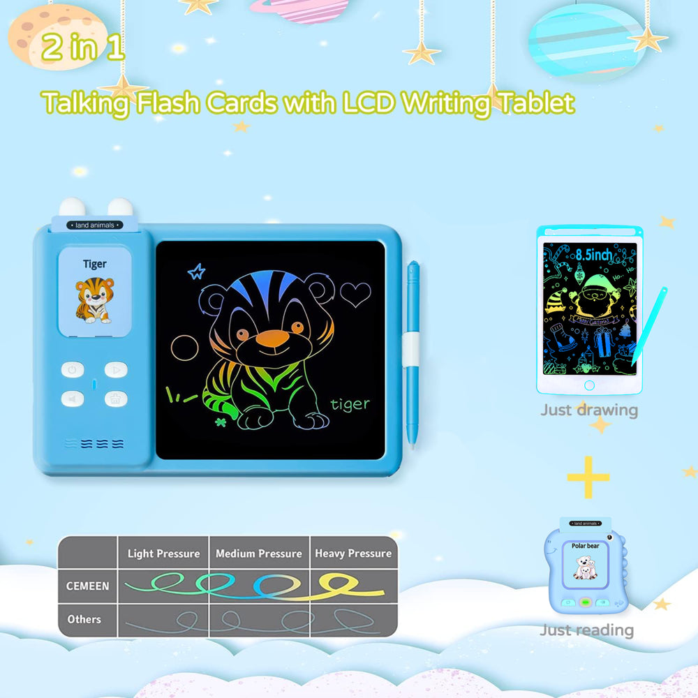 Richgv Talking Flash Cards LCD Writing Tablet Montessori Toys for Toddlers, Kids Toys Writing Board Reading Machine Educational Preschool Learning Toys for Boys Girls, Blue