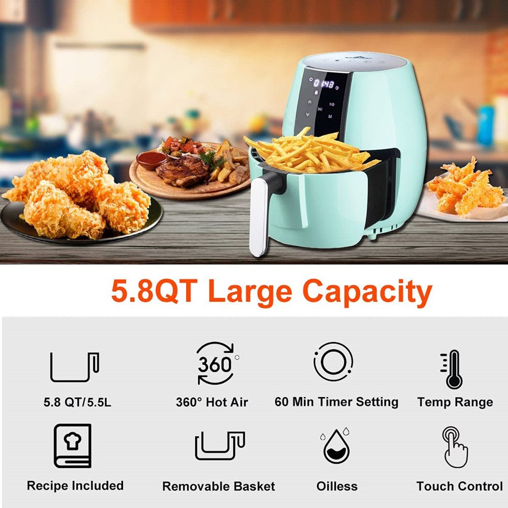 Sanptent 5.8 Quart Air Fryer, Electric Hot Oven Oilless Multifunctional Cooker with Digital LED Touchscreen, Auto Shut-Off, ETL Certified, Best Present Gift (Green)