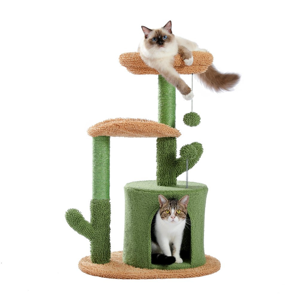 PAWZ Road 32" Cat Tree Tower with Cactus Sisal Scratching Posts Condo Perch for Indoor Small Cats, Green