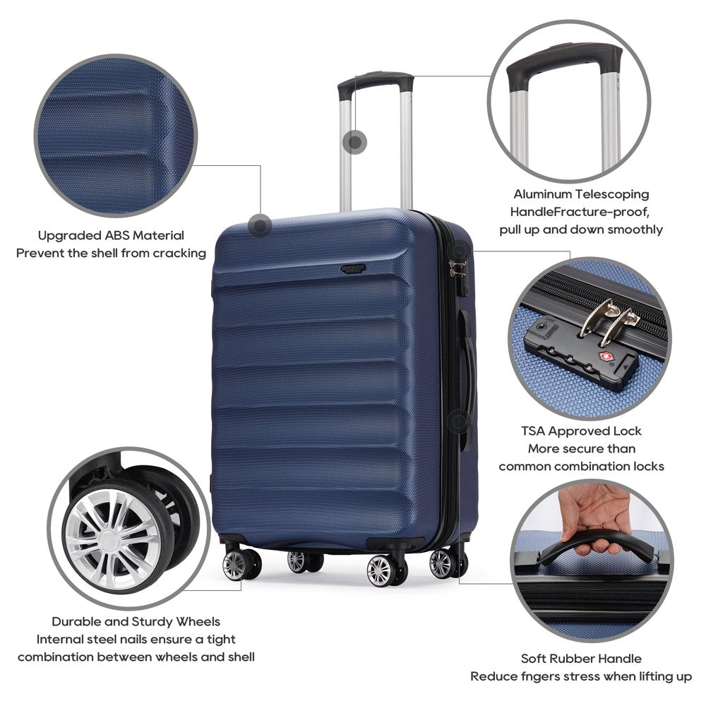 Ginza Travel 3 Piece Luggage Sets,Expandable ABS Hard Shell Luggage Set Double Spinner Wheels Suitcase,Navy Blue