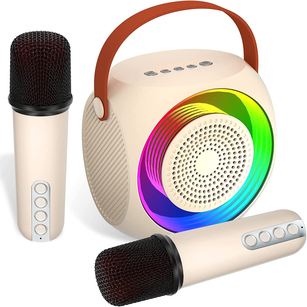 BONAOK Mini Karaoke Machine, Portable Bluetooth Speaker with 2 Wireless Microphone for Kids and Adults with Led Lights, Gifts for Girls and Boys Birthday Home Party(Beige)