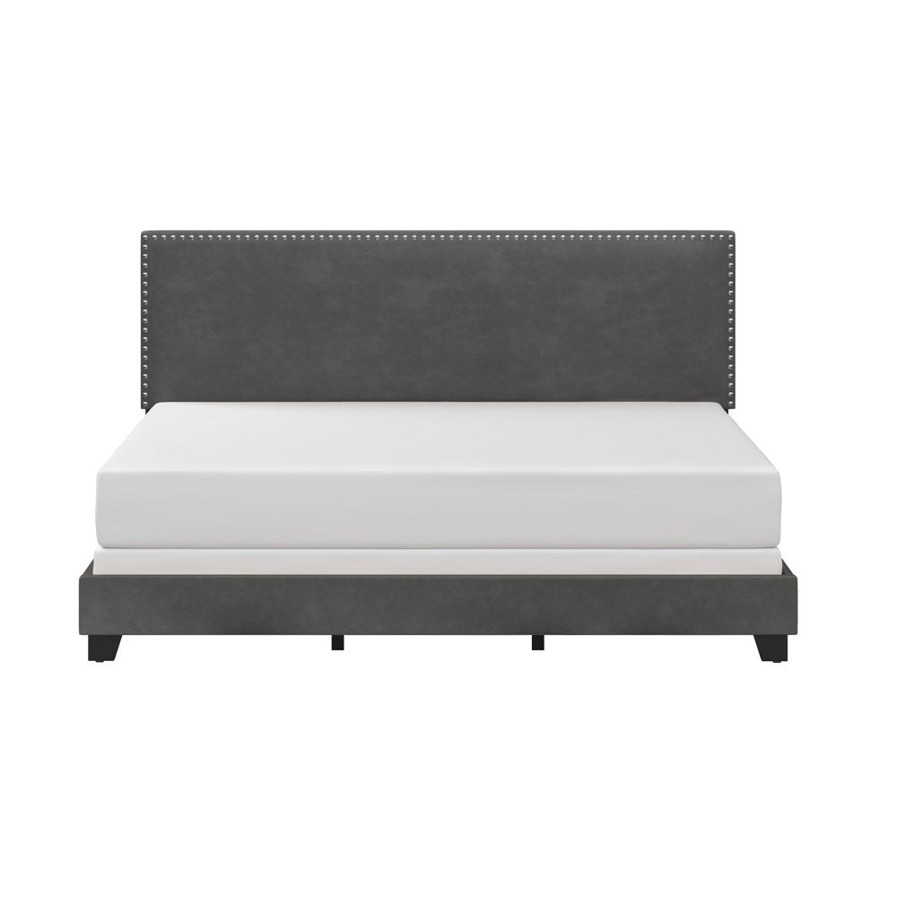 Willow Nail Head Trim Upholstered King Bed, Charcoal Faux Leather, by Hillsdale Living Essentials