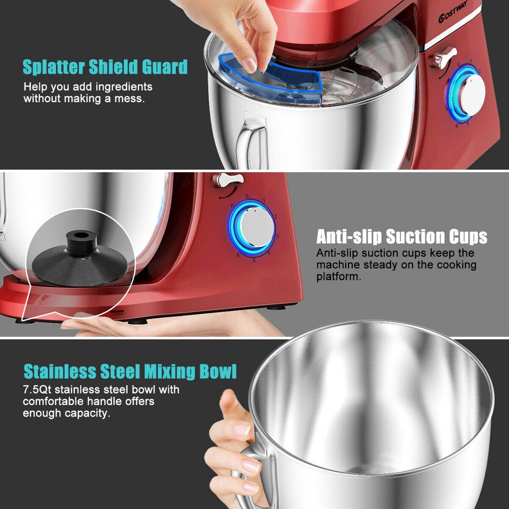 Costway Tilt-Head Stand Mixer 7.5 Qt 6 Speed 660W with Dough Hook, Whisk & Beater Red