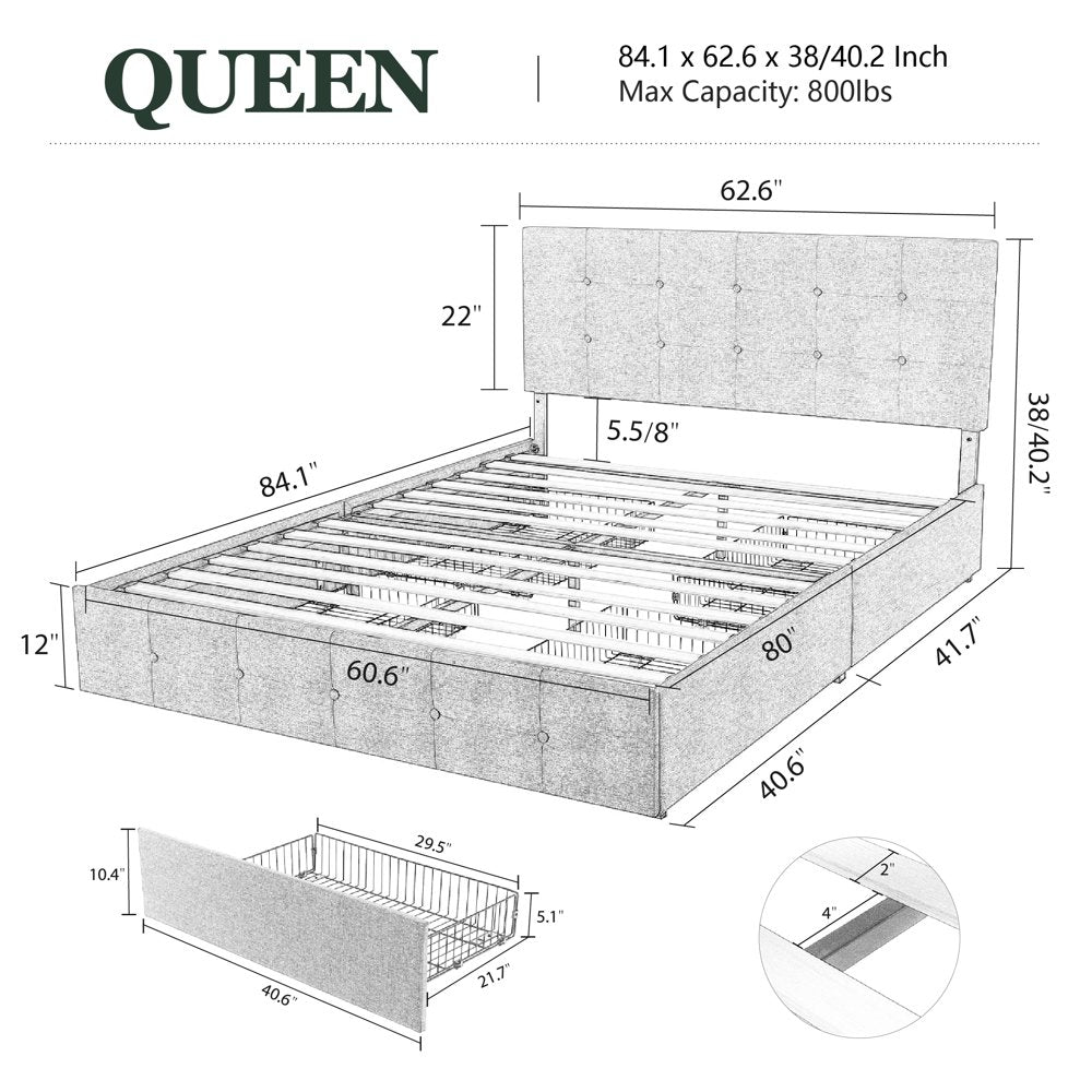 Amolife Queen Size Platform Bed Frame with Headboard and 4 Storage Drawers, Button Tufted Style, Light Grey, Mattress Not Included