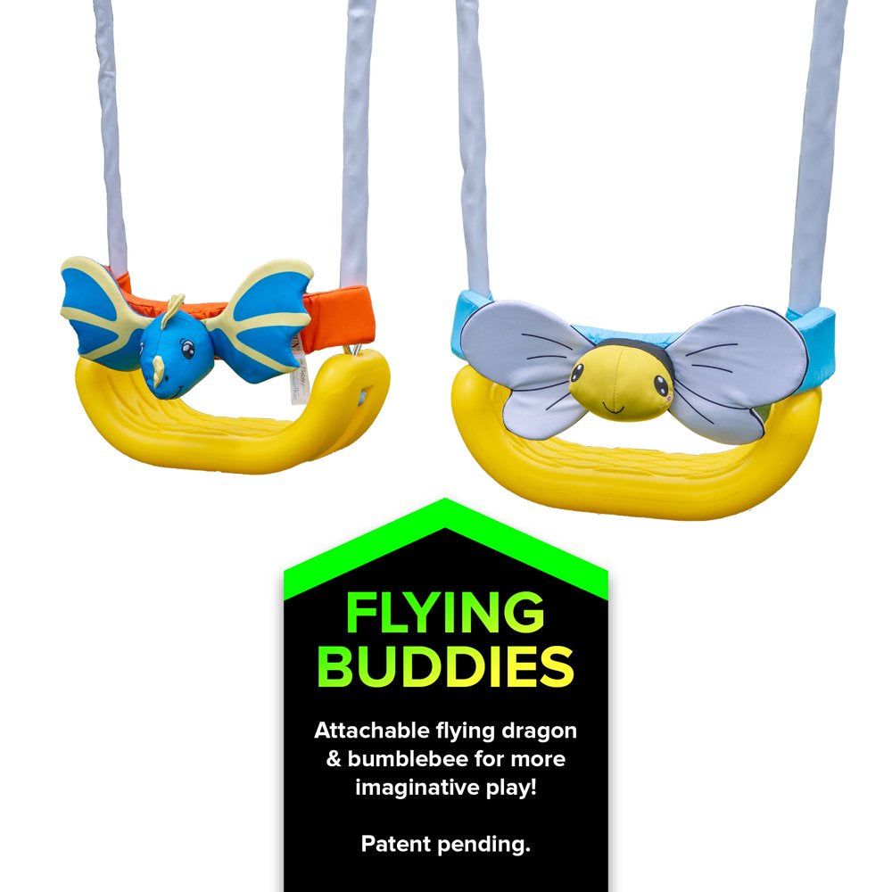 Sportspower Super Flyer Swing Set with 2 Flying Buddies, Saucer Swing, 2 Swings, and Lifetime Warranty on Blow Molded Slide