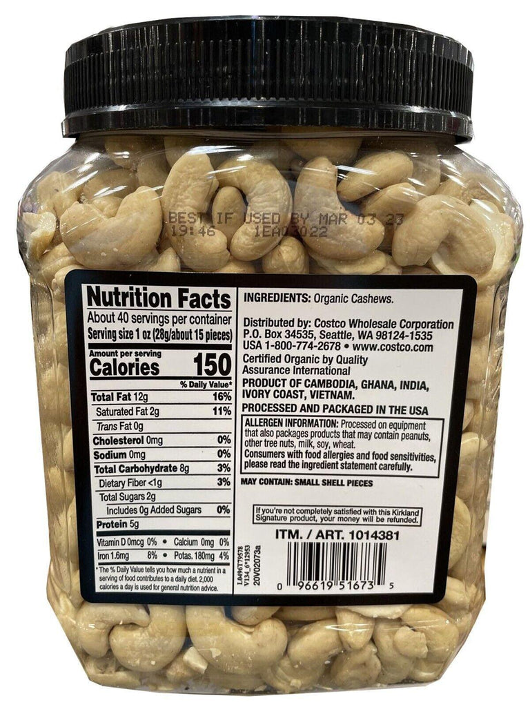 Kirkland Signatures Organic Whole Cashews Unsalted Unroasted