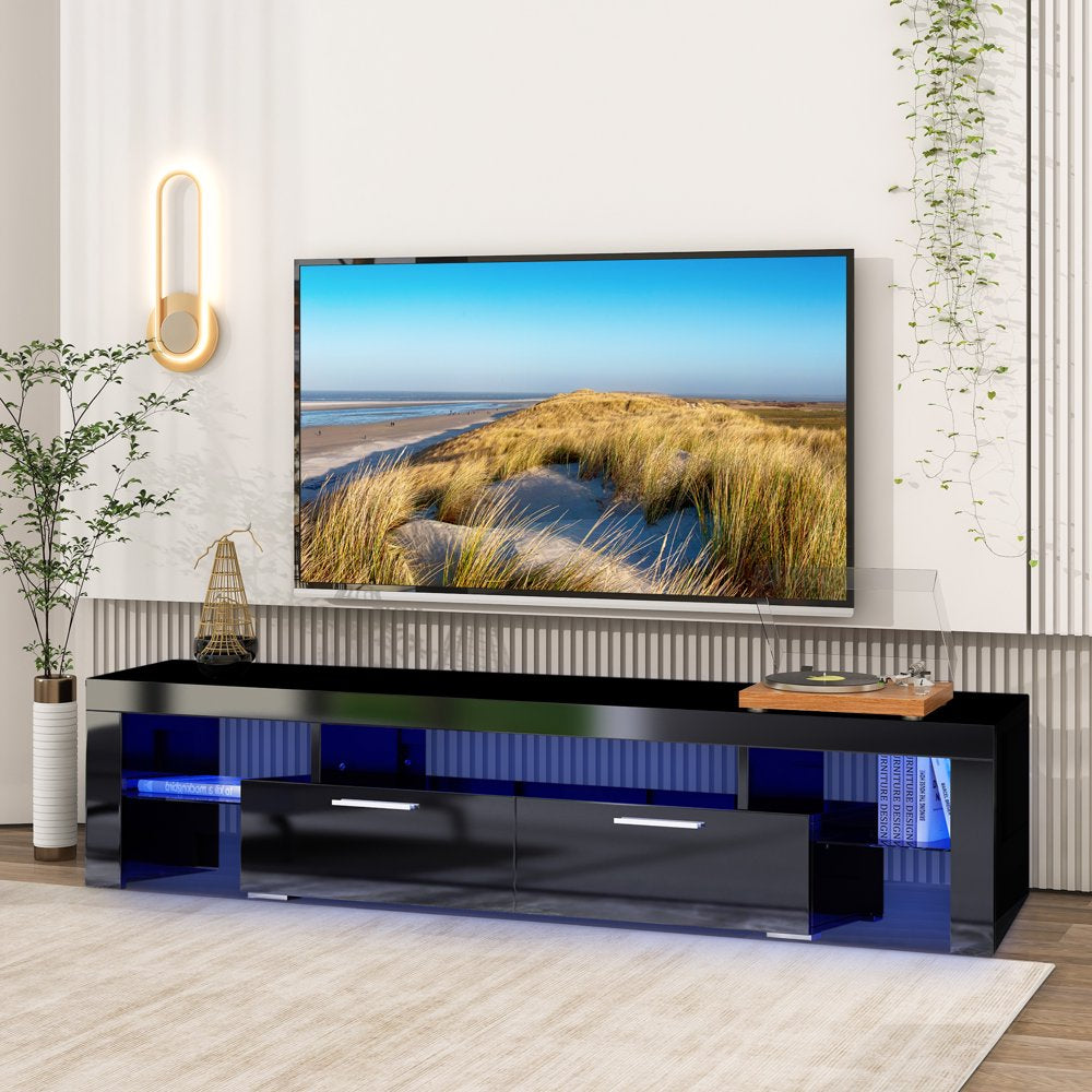 Uhomepro TV Stand for Tvs up to 80", Living Room Entertainment Center with RGB LED Lights, APP and Remote Control, Black High Gloss TV Cabinet Console Table