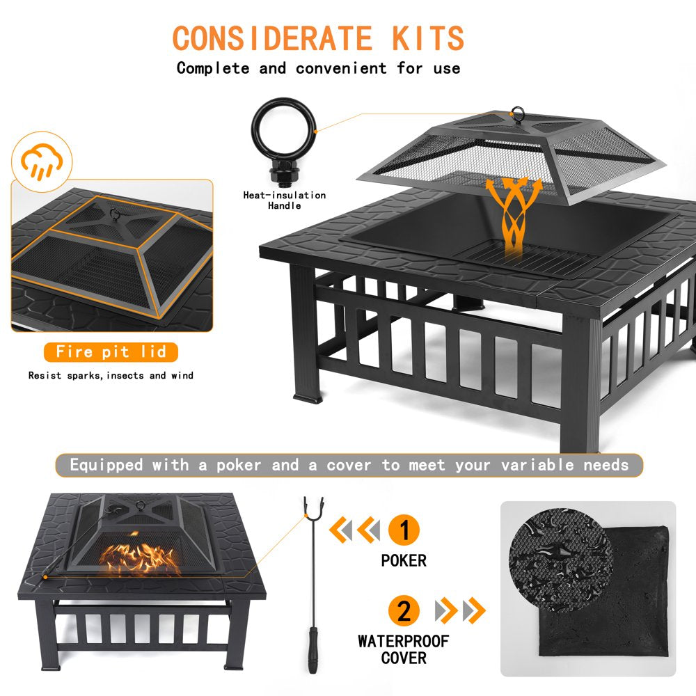 Fire Pits for Outside, 32" Wood Burning Fire Pit Tables with Screen Lid, Poker, BBQ Net, Ice Tray, Food Clip and Cover, Backyard Patio Garden Outdoor Fire Pit/Ice Pit/Bbq Fire Pit, Black