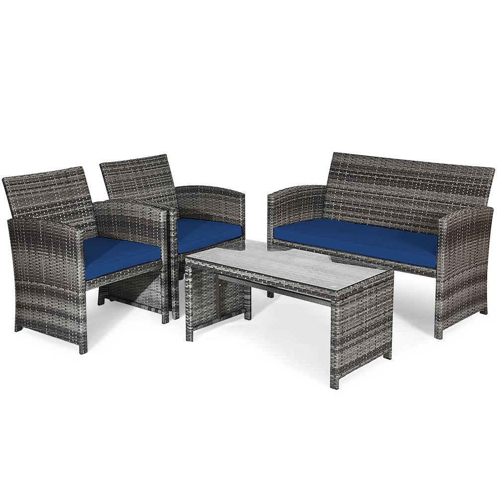 Costway 4PCS Patio Rattan Furniture Set Conversation Glass Table Top Sofa Cushioned Navy