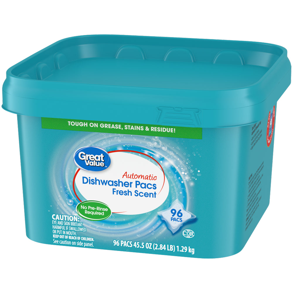 Great Value Pacs Dishwasher Detergent Pods, Clean and Fresh Scent, 45.5 Ounce, 96 Count