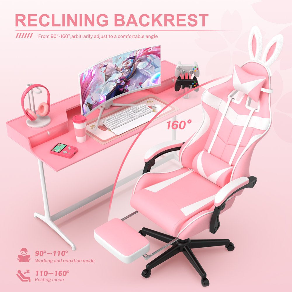 Soontrans Pink Gaming Chair Office Chair with Footrest, High Back Computer Chair with Headrest & Massage Lumbar Support, Ergonomic PU Leather Game Gamer Chairs with Cute Bunny Ears, Pink and White