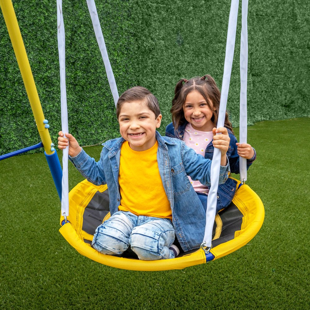 Sportspower Super Flyer Swing Set with 2 Flying Buddies, Saucer Swing, 2 Swings, and Lifetime Warranty on Blow Molded Slide