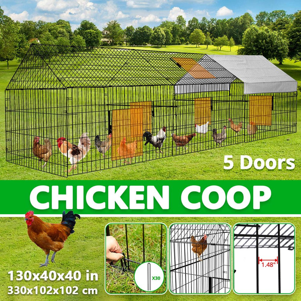 SINGES Large Metal Chicken Coop, 130''X40'' Chicken Cage Hen House with Waterproof Cover