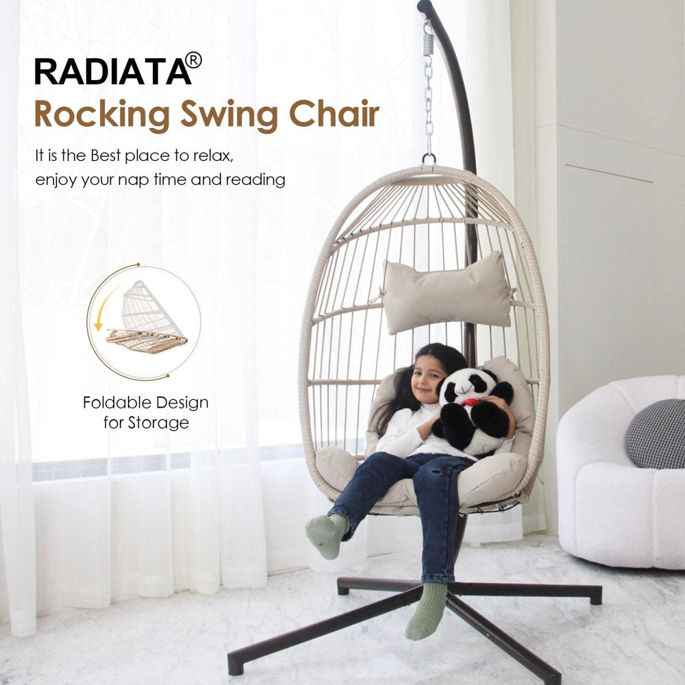 Nicesoul Rattan Swing Egg Chair Hanging Chair with Stand Beige 350 Lbs Capacity Metal Frame