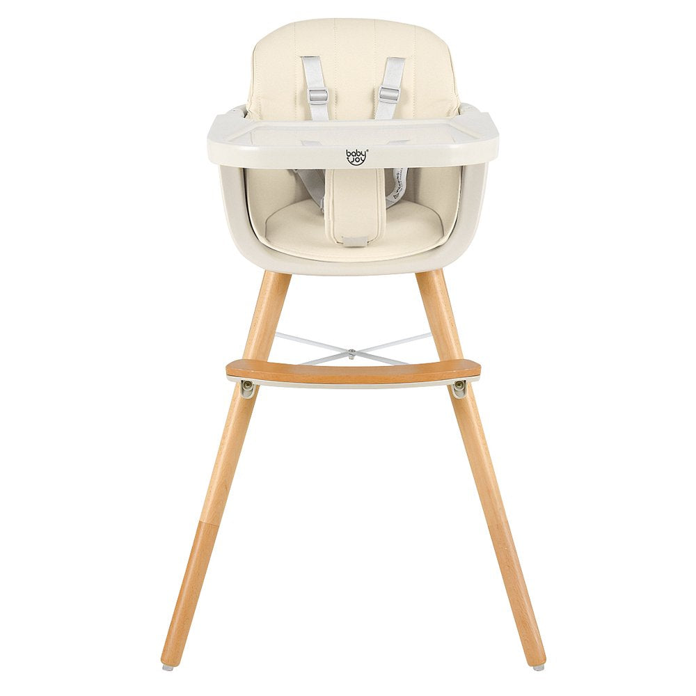 Babyjoy 3 in 1 Convertible Wooden High Chair Baby Toddler Highchair W/ Cushion Beige