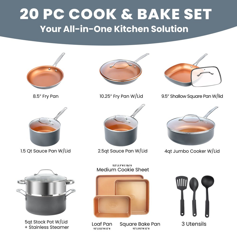 Gotham Steel Pots and Pans Set 20 Piece Cookware Set with Nonstick Ceramic Copper Coating